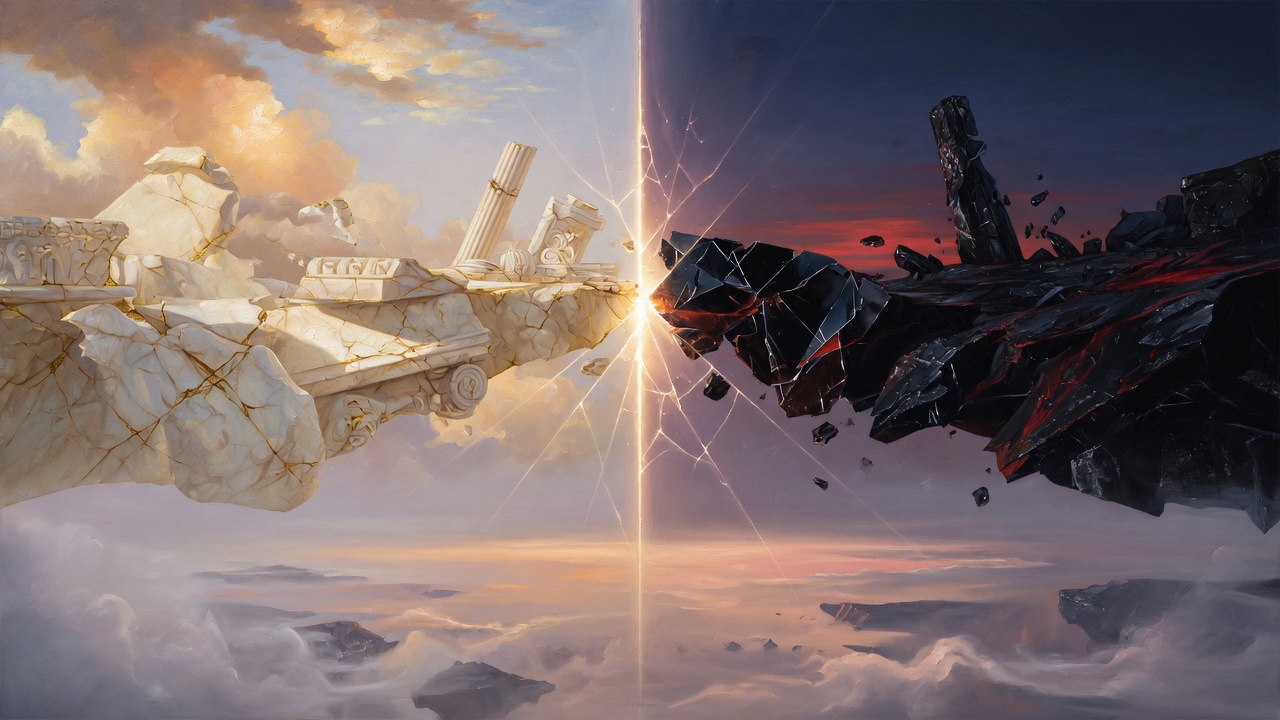 Original painting of a shattered sky: sunlit marble islands on the left, moonlit obsidian rock on the right, split by a gold fracture of light.