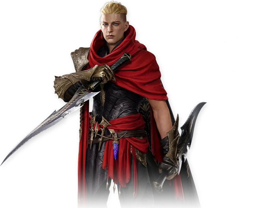 Official AION 2 Assassin character art: red cloak and twin curved blades.