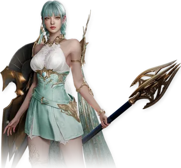Official AION 2 Cleric character art: pale green dress and a gold mace.