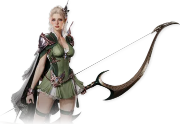 Official AION 2 Ranger character art: green leather outfit and a long bow.