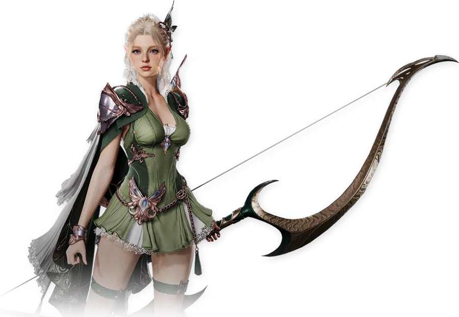 Official AION 2 Ranger character art: green leather outfit and a long bow.