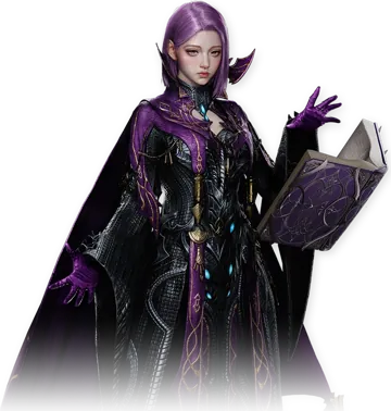 Official AION 2 Sorcerer character art: violet robes and a spellbook.