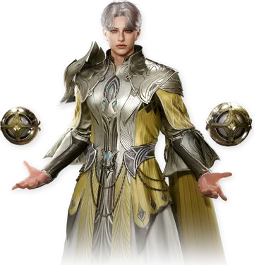 Official AION 2 Spiritmaster character art: gold robes with two floating orbs.