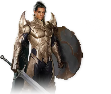 Official AION 2 Templar character art: gold plate armor, sword and large shield.