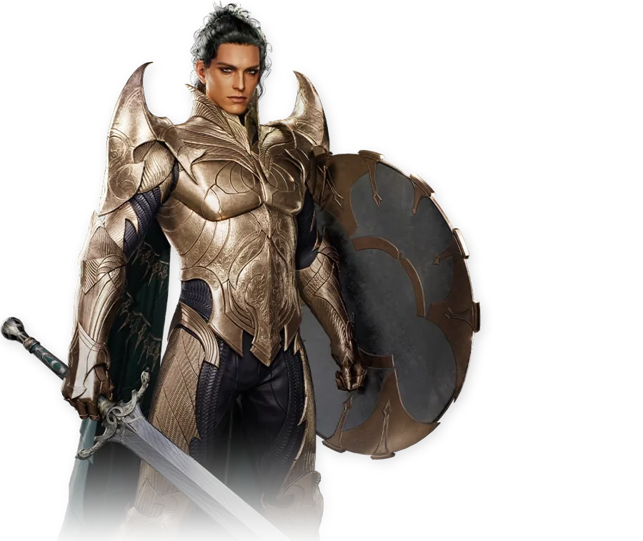 Official AION 2 Templar character art: gold plate armor, sword and large shield.